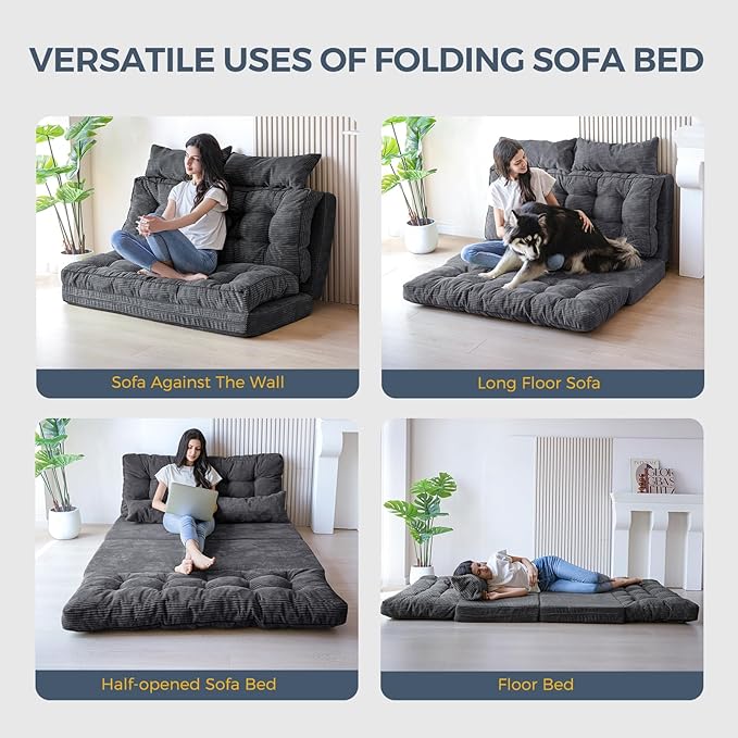 MAXYOYO Bean Bag Bed Tufted Folding Sofa Bed with Pillows Floor Mattress for Adults, Extra Thick and Long Floor Sofa, Full Couch for Bedroom Living Room, Dark Grey, 54x91 Inch