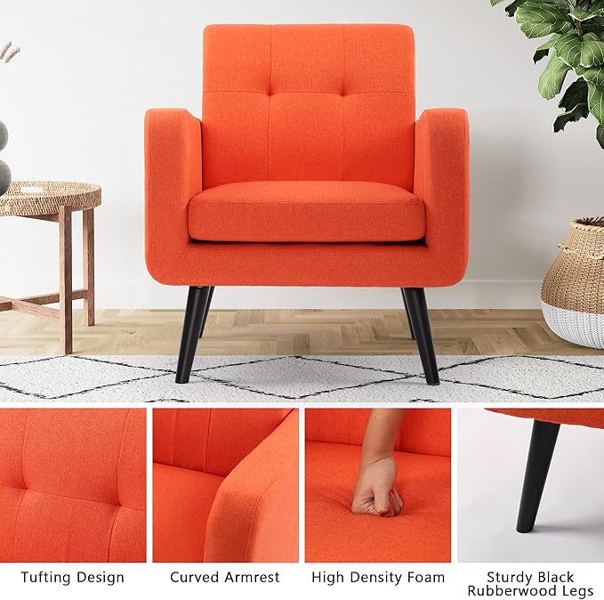 LSSPAID Modern Accent Chairs, Upholstered Fabric Cozy Armchairs, Living Room Side Chair with Solid Wood Legs, Orange