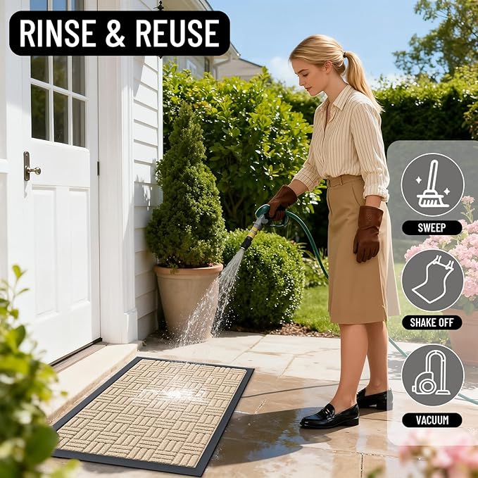 OLANLY Front Door Mat Outside Entrance 29.5x17, Absorbent, Heavy Duty Sturdy Natural Rubber Doormat Indoor Outdoor, Non-Slip, Stain and Fade Resistant, Low Profile Floor Mat for Entryway, Latte White