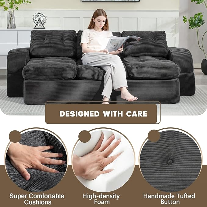 MeMoreCool Convertible Floor Sofa Couch – 3-Seater Sleeper with Tufted Cushions, Dark Grey Corduroy Modular Foam | Cloud Couch for Living Room & Bedroom | No Assembly | Soft Ergonomic Support