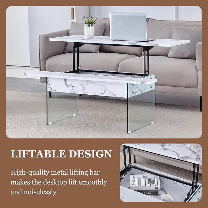 HanStrong 43.3" Lift-Top Coffee Table with Storage,Marble & Tempered Glass Space-Saving for Living Room,Office,White
