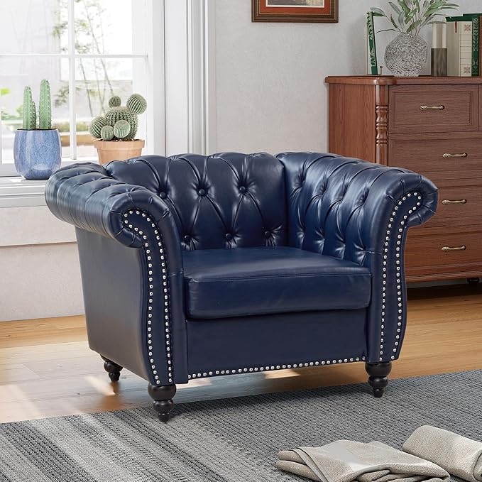 QHITTY Accent Chair, Chesterfield Chair Modern Leather Upholstered Chair with Tufted Back for Living Room Furniture (Blue)