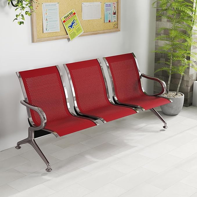 Kinfant 3-Seat Waiting Room Chair - Office Guest Reception Chairs with Ergonomic Backrests, Airport Waiting Bench with Armrests, Metal Waiting Furniture for Hospital, Bank, Salon, Dark Red
