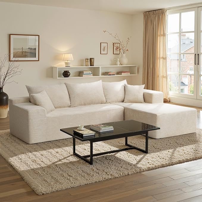 Sectional Cloud Boneless Couch for Living Room Bedroom, Comfy Modern L Shaped Modular Sofa with Right Facing Chaise, Deep Seat Memory Foam Couch in Box, No Assembly (Fine Striped Corduroy, Beige)