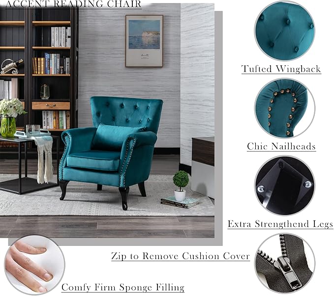 Janoray Mid Century Modern Accent Chair Upholstered Armchair Comfy Velvet Fabric Single Sofa with Tufted Wingback for Small Spaces Bedroom Living Room, Teal