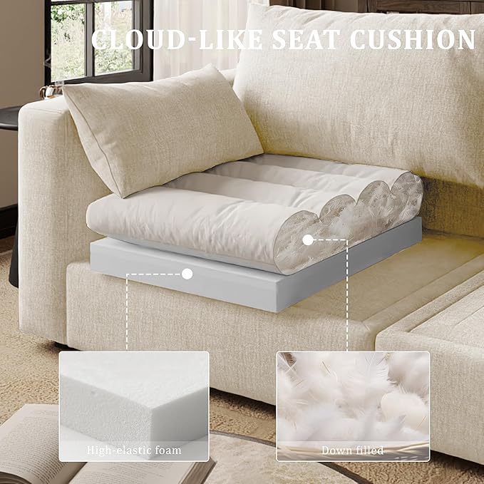 Cloud Modular Sectional Sofa Couch, 99" Oversized Sectional Couches for Living Room, Cloud Modular I-Shaped Sofa with Chaise, 3 Seater, Chenille, Beige