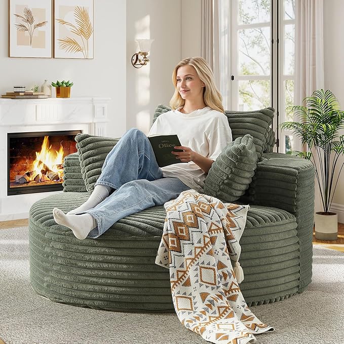 55"W Oversized Round Chair Lounge Chaise Indoor, Upholstered Comfy Circle Sofa Armchair, Modern Cozy Boneless Foam Floor Reading Chair for Living Room, Bedroom, No Assembly Required(Corduroy, Green)