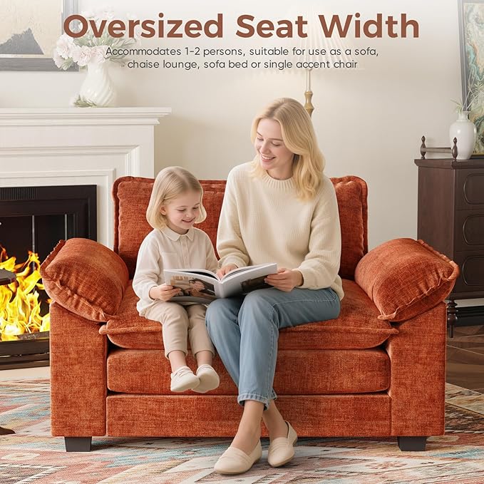 HUSFU 49.5'' W Oversized Accent Chair, Chenille Cloud Sofa Chair with Deep Seat and Extra Wide Armrests, Comfy Reading Armchair for Bedroom, Living Room, Set of 2, Terracotta Orange