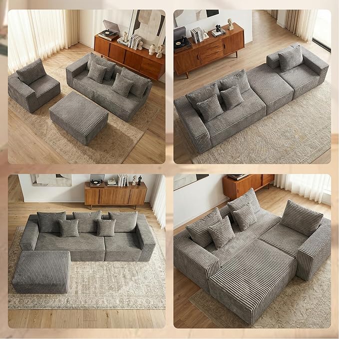 Sytopia 109" L-Shaped Cloud Couch, Boneless Modular Sectional Sofa with Deep Seat for Living Room Bedroom, Modern Floor Couch Corduroy, Comfy Sleeper Futon Sofa Bed 40D Foam Furniture, Left Facing