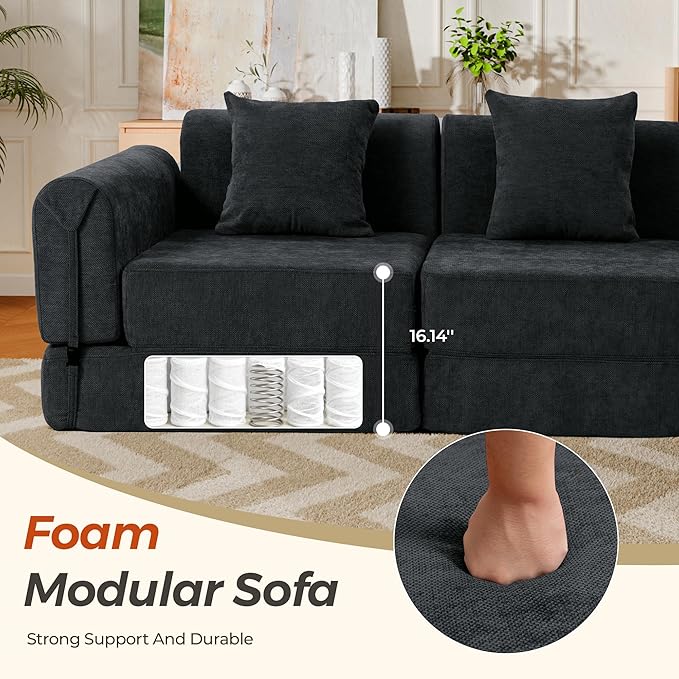 100" Oversized Convertible Sleeper Sofa Bed, Modular Sectional Cloud Sofa with Fixed-Shape Frame & Tabletop, Boneless Couch with Storage Pocket for Living Room, No Assembly Required, Black