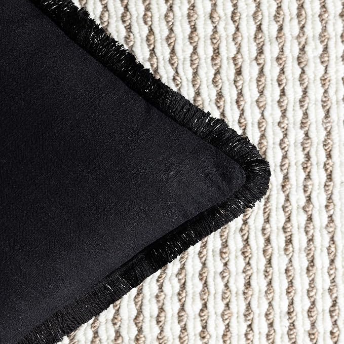 Foindtower Set of 2 Decorative Linen Fringe Lumbar Throw Pillow Covers Boho Farmhouse Cushion Cover with Tassels Soft Accent Pillowcase for Couch Sofa Bed Living Room Home Decor,12×20 Inch,Black