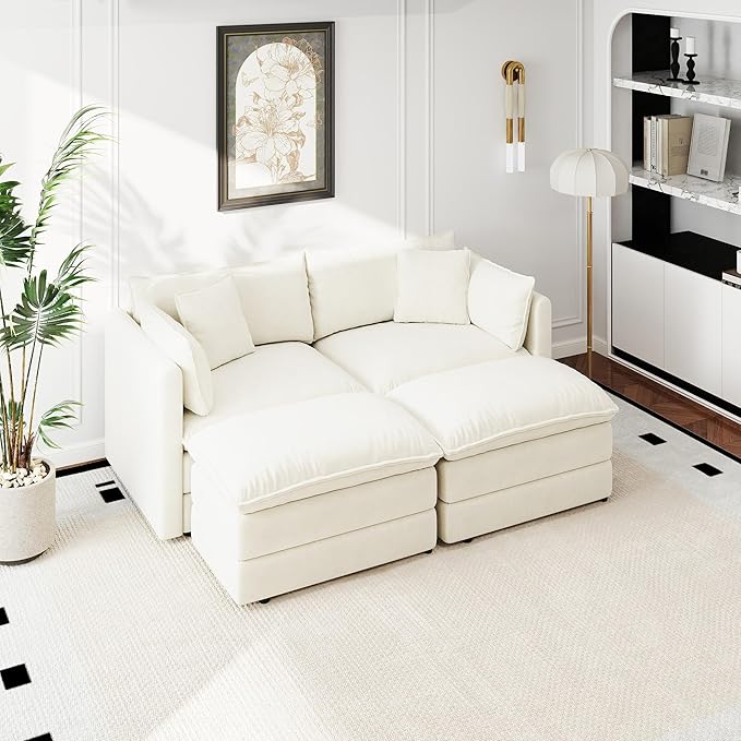 Aoowow Modular Sectional Sofa Modern Convertible Loveseat Couch,77.16 Inch Deep 2-Seater Sofas Comfy Chenille Cloud Sofas and Couches Set with 2 Movable Ottoman for Living Room Apartment（Beige）