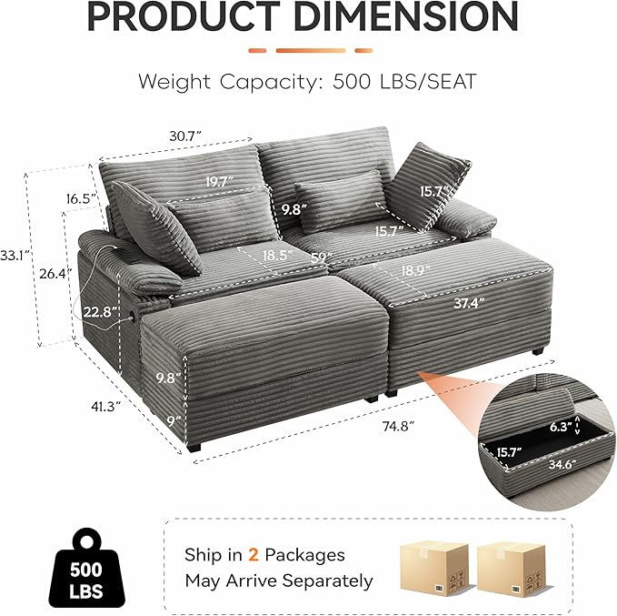 75" Corduroy Loveseat with Storage Ottoman, Cloud Deep Seat Couch with Convertible Ottoman Coffee Table & USB, Double Chaise Lounge for Living Room, Grey