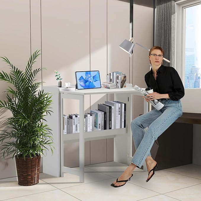 KEIKI 32.6" Folding Table with Storage Shelf, Foldable Computer Desk for Small Spaces, Space-Saving Study Table for Bedroom Home Office Dorm and Apartment, Ancient White