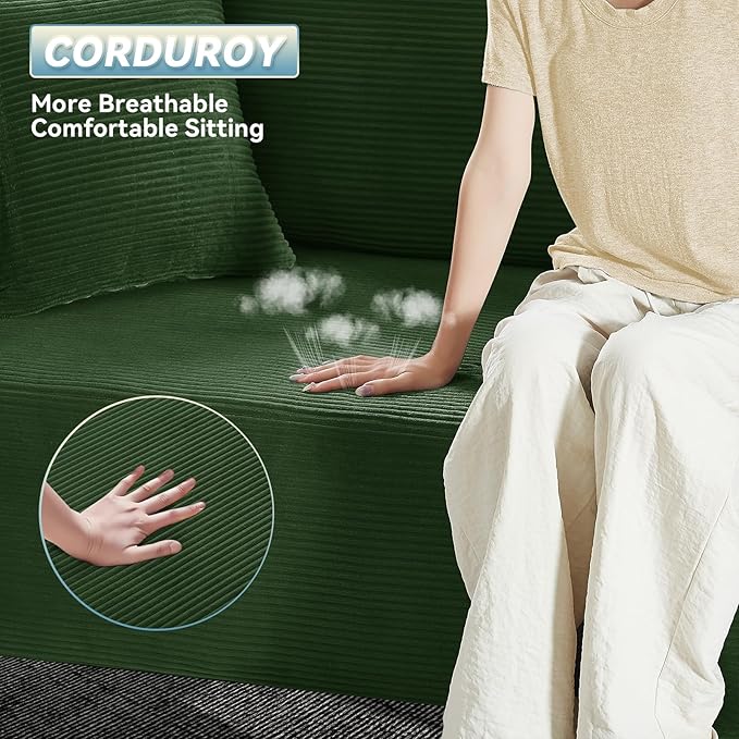 GJQ 83" Boneless Couch for Living Room,Corduroy 3 Seater Sofa in a Box with 4 Pillows & Storage Pocket,No Assembly Cloud Sofa Bed Oversized Floor Sofa,Green