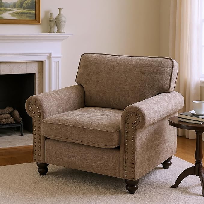 Nailhead Armchair, Rolled Arms Accent Chair for Living Room, Single Sofa Chair with Springs Seat Cushion & Wooden Legs, Mid-Century Armchair for Apartment, Office, Farmhouse, Light Brown