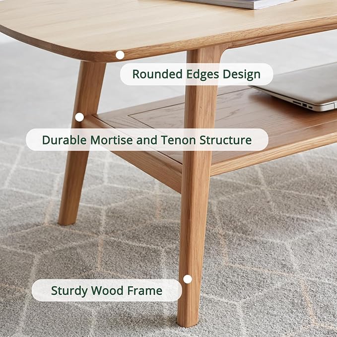 Mid Century Modern Coffee Table: 100% Solid Wood Coffee Table - 2-Tier Storage Design - Space Saving Small Coffee Tables for Living Room, Apartment (Natural, 31.49")