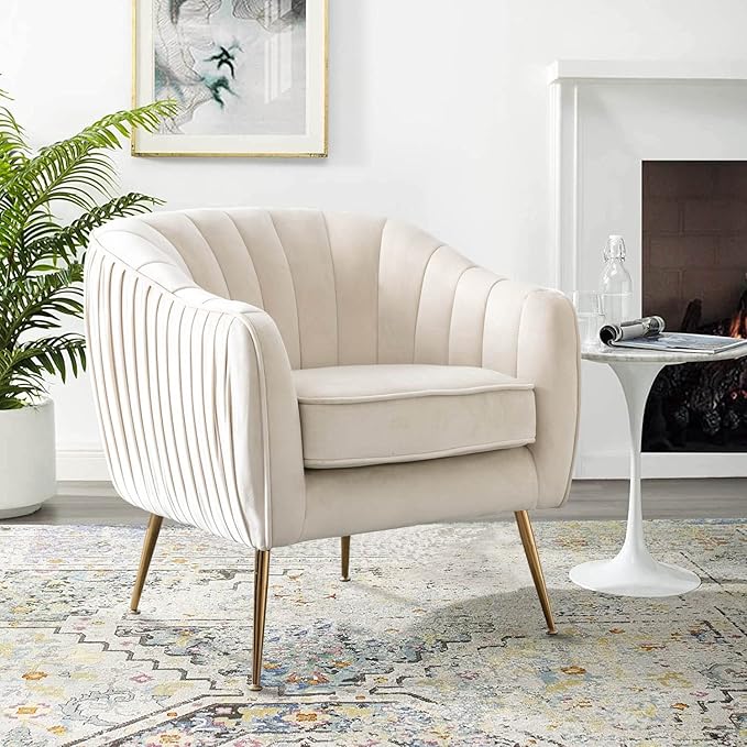 Altrobene Velvet Accent Chair, Modern Barrel Chair, Living Room Bedroom Arm Chairs, Golden Finished, Beige