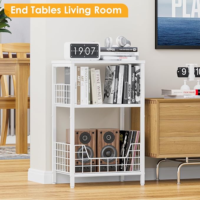 X-cosrack End Table, Small Side Table with Storage, 3-Tier Night Stand for Living Room, Bedroom, Small Spaces, White(Patent Pending)