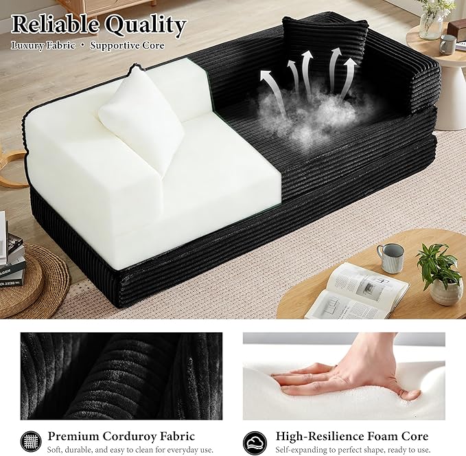 Chorlenimi Boneless Couch Futon Sofa Bed Sectional Couches for Living Room,Cloud Couch with Sleeper Sofa,Sofas for Living Room Oversized Corduroy Upholstered (Black, 76 Inches (No Iron Frame))