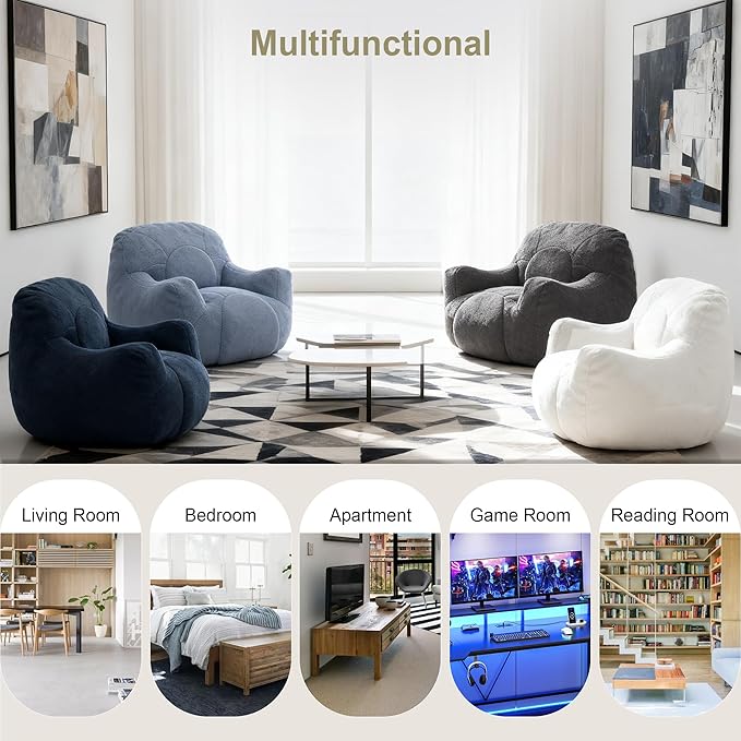 Bean Bag Chair, Bean Bag Couch for Adults Kids, Comfy Flower-Shaped Chair with Filler Armrests Stuffed High-Density Foam Stuffed Sofa Lounge Floor Sofa for Bedroom,Gaming, Reading, White