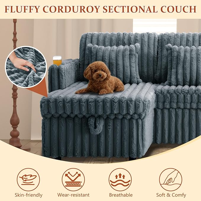 107" Sectional Sleeper Sofa with Pull Out Bed, Comfy Fluffy Plush Corduroy Cloud Sectional Couches for Living Room, U Shaped Modular Couch with Storage Chaise Cup Holder & USB Charger Dark Grey