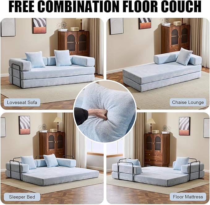 77" Convertible Foldable Floor Couch, 3-Seat Futon Sleeper Sofa for Living Room, Bedroom, or Apartment, with Pillow Backrest and Armrests, Chenille Fabric, No Assembly Required, Light Blue
