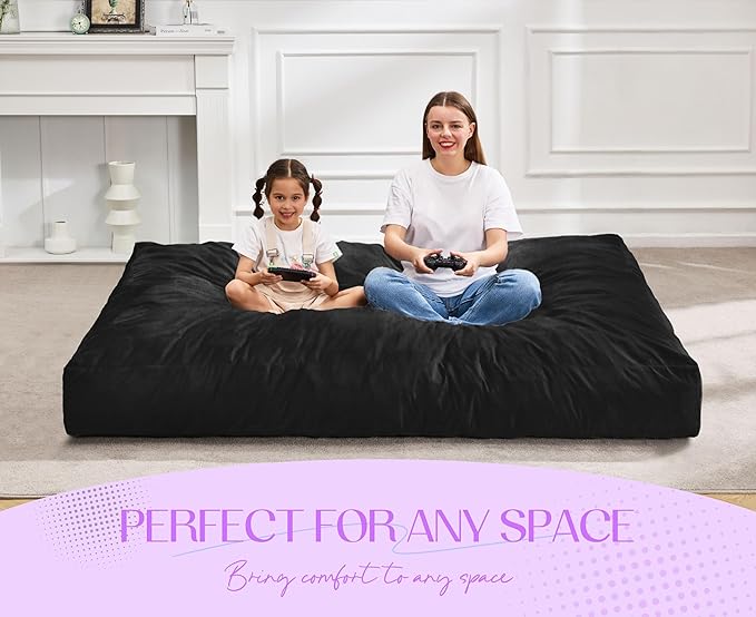 Hobestluk Giant Bean Bag Chair Bed for Adults, Large Bean Bags with High-Density Foam Filling, Convertible Big Sofa Bed Couch for Living Room, Bedroom, Playroom (Black, Full)