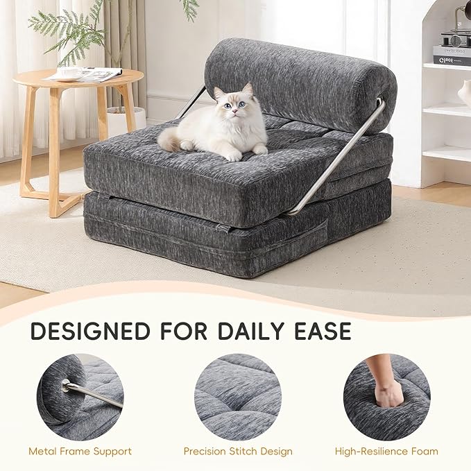4-in-1 Folding Sofa Bed, Easy Assembly Chenille Boneless Couch, Convertible Sleeper Chair with Back Support, Small Floor Futon Sofa for Living Room & Bedroom, Single (Grey)