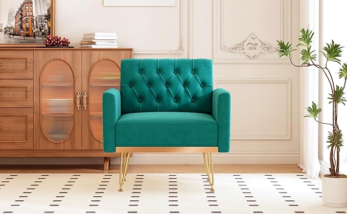Accent Chair for Living Room, Comfy Oversized Velvet Upholstered Arm Chairs, Mid Century Modern Reading Single Sofa Side Chair with Tufted Back and Gold Legs for Bedroom (1, Green)