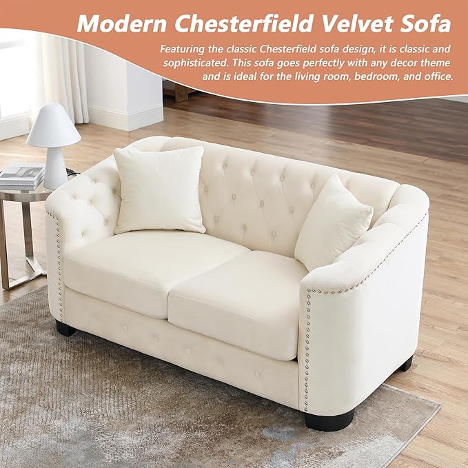 mikibama Modern Chesterfield Velvet Loveseat Sofa, 59 Inch Sectional Sofa, Luxury 2 Seater Upholstered Tufted Couch with Nailhead Arms and 2 Pillows for Living Room, Bedroom, Apartment(Beige)
