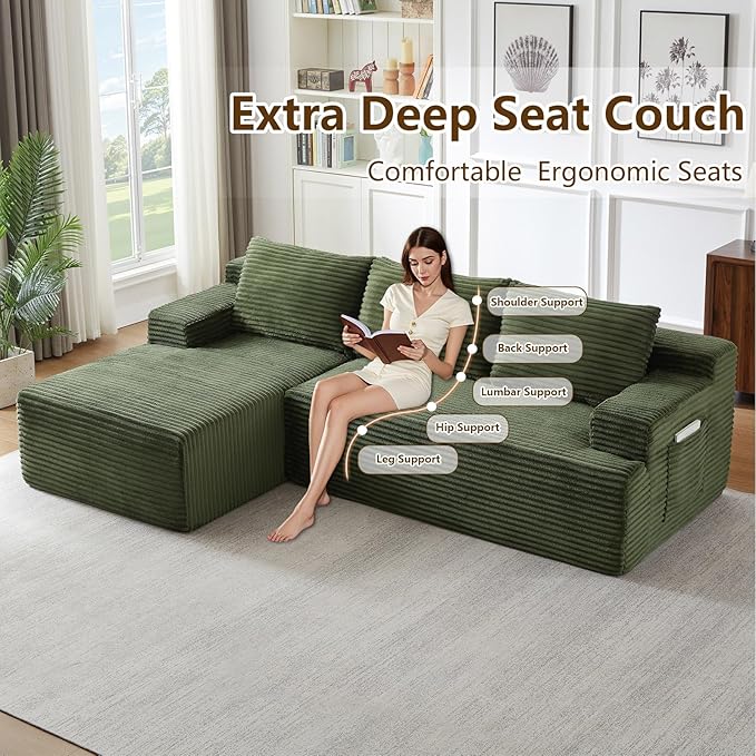 96.1" Modular Sectional Sofa Couches L-Shape Couch 3 Seat Modular Sofa Corduroy Memory Foam Sectional Boneless Couches for Living Room, Cloud Couch with Oversized Chaise(Green, Left Facing)