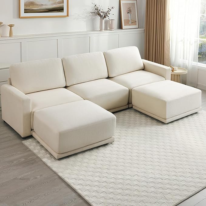 CAPCAPA 112" Modular Sectional Couches for Living Room, U-Shaped Modern Sofa with Ottomans, 5-Piece Chenille Sofa Set for Home Furniture, Beige
