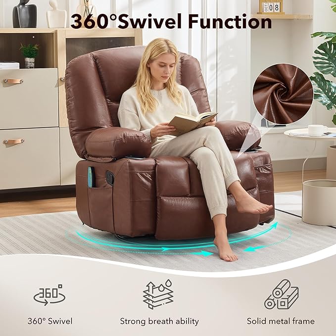 Rocker Recliner Chairs for Adults w/Vibration Massage and Heating,360° Swivel Rocker Glider Recliner,Extra Wide Manual Lazy Chair,PU Leather Overstuffed Soft Sofa Chair for Living Room,Bedroom,Brown