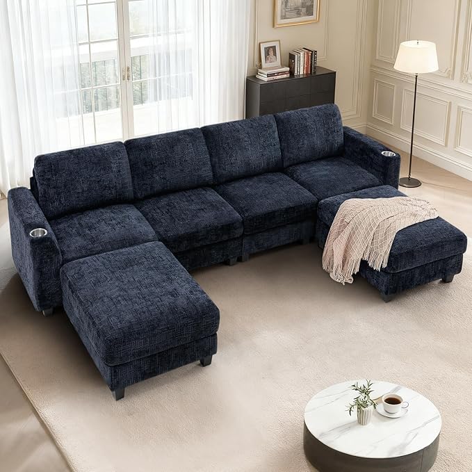 Lesofair 110" Chenille Sectional Sofa with Movable Ottomans, Modular U-Shape Couch with Cup Holders, Convertible 4 Seater Sofa with Well-Filled Backrest Cushions for Living Room, House, Blue