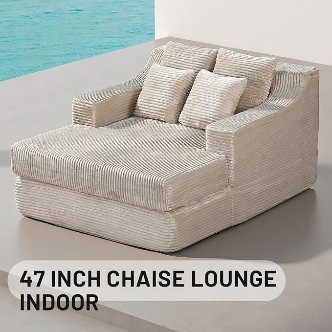 47" Boneless Chaise Lounge Chair Indoor,No Assembly Single Sleeper Upholstered Boneless Couch with 4 Pillows,Comfy Pet Friendly High Weight Capacity Foam for Bedroom,Living Room,Study Room,Beige