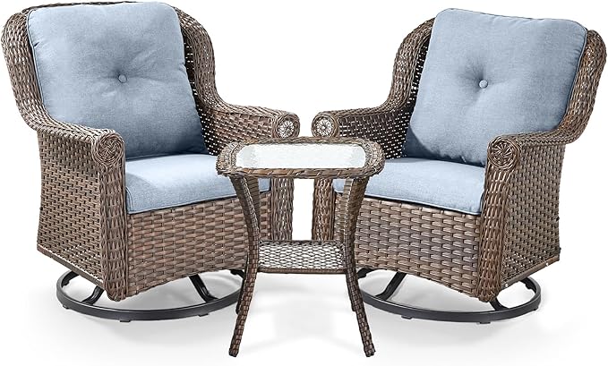 ACTREST 3 Piece Patio Swivel Chairs and Side Table Set - High Back Outdoor Brown Wicker Rattan Rocking Glider with Thick Cushions for Porch Apartment Deck Yard Poolside Garden - Baby Blue