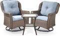ACTREST 3 Piece Patio Swivel Chairs and Side Table Set - High Back Outdoor Brown Wicker Rattan Rocking Glider with Thick Cushions for Porch Apartment Deck Yard Poolside Garden - Baby Blue