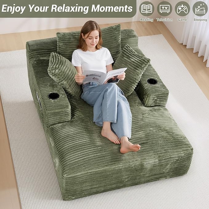 50"W x 68"D Oversized Chaise Lounge Chair Indoor Boneless Reading Chair Plush Corduroy Recliner with Cup Holders Large Deep Seat Comfy Sofa Bed Couch with 3 Pillows for Living Room Bedroom, Green