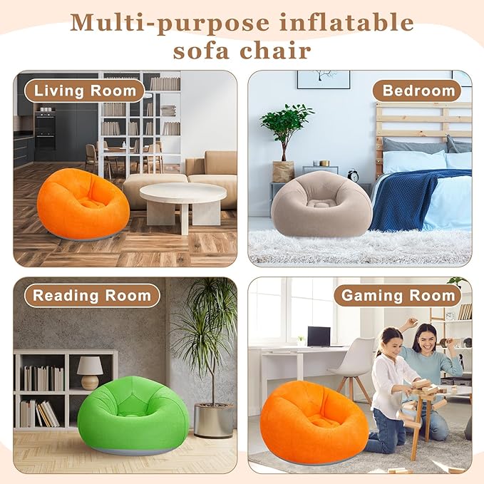Realspring 6 Pcs Inflatable Bean Bag Chairs for Adults with Electric Air Pump, Blow up Couch Folding Portable Inflatable Couch Lazy Sofa for Outdoor Movie Nights Camping Room (Coffee,Orange,Green)