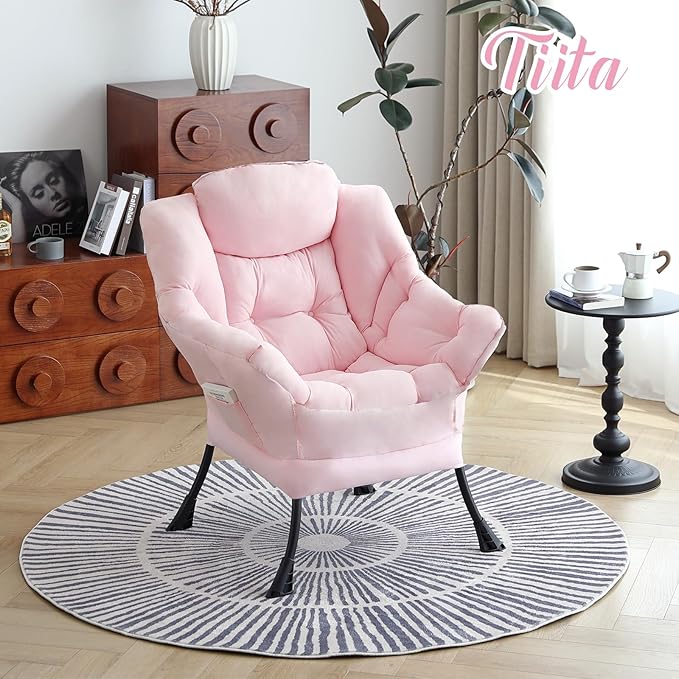 Tiita Lazy Chair, Pink Chair Modern Large Accent Lounge Armchair, Comfy Leisure Sofa Reading Chair for Bedroom, Living Room, Dorm Rooms, Garden and Courtyard, Pink