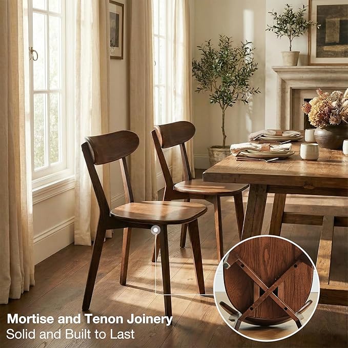 Bamskov Walnut Oak Wood Dining Chair - Set of 2, Mid-Century Modern, Ergonomic, Easy Assembly