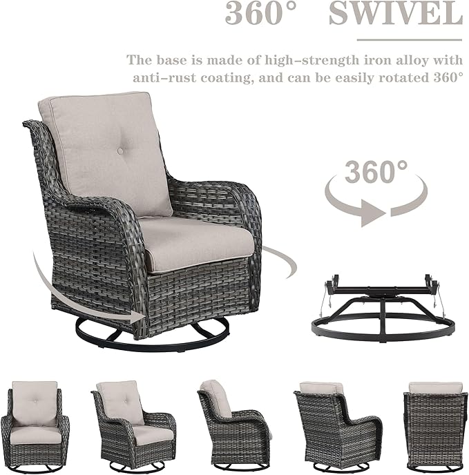 Belord 3 PCS Patio Furniture Set - Mixed Grey Wicker Swivel Rocking Chairs with Side Table, Furniture Set for Outdoor