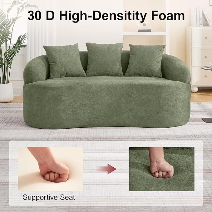 Abbrevi 65" Curved Loveseat Sofa, Deep Seat Love Seat Couches with 3 Throw Pillows, Modern 2 Seater Boneless Curved Couch, Compressed Floor Sofa for Living Room Small Spaces, No Assembly, Green