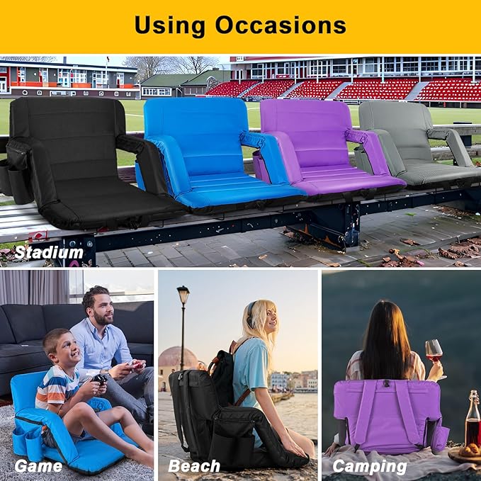 Stadium Seats with Back Support 2 Pack Wide, Exclusive Bleacher Chairs with Back and Cushion Folding Stadium Chairs, 6 Reclining Positions Waterproof Bleacher Seats (Wide|22.5" Grey)