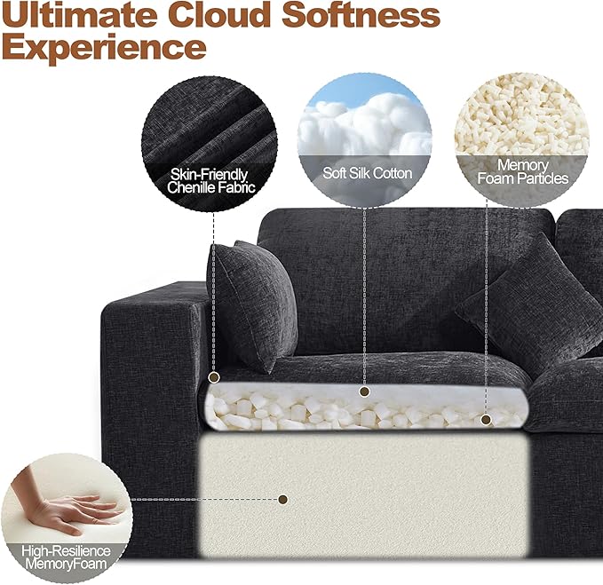 88''Cloud Boneless Sectional Couch, Modular Sectional Sofa Deep Seat, Upholstered Convertible Comfy Loveseat Chenille Memory Foam Sofa Couches for Living Room, Dark