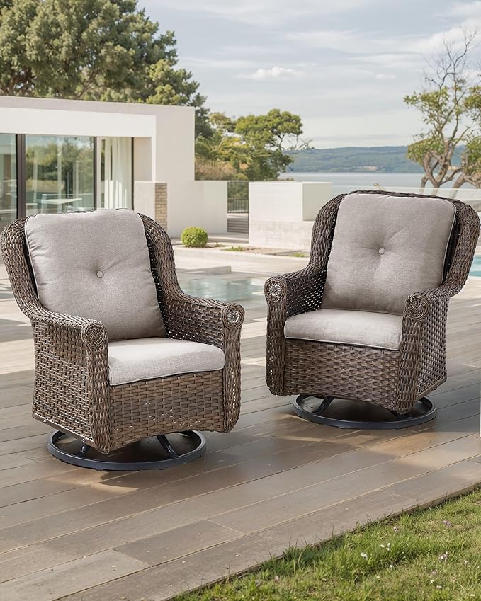 ACTREST Patio Chairs Outdoor Swivel Glider - Set of 2 High Back Outside Brown Wicker Rattan Rocking Chair with Thick Cushion for Porch Apartment Deck Yard Poolside Garden - Beige