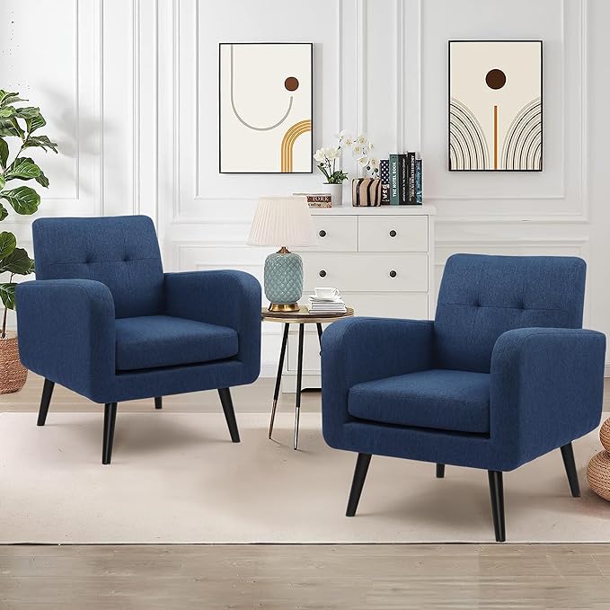 LSSPAID Accent Chairs Set of 2, Modern Blue Linen Fabric Living Room Chairs, Comfy Upholstered Armchairs Single Sofa Chair with Solid Wood Legs for Apartment, Reading, Office