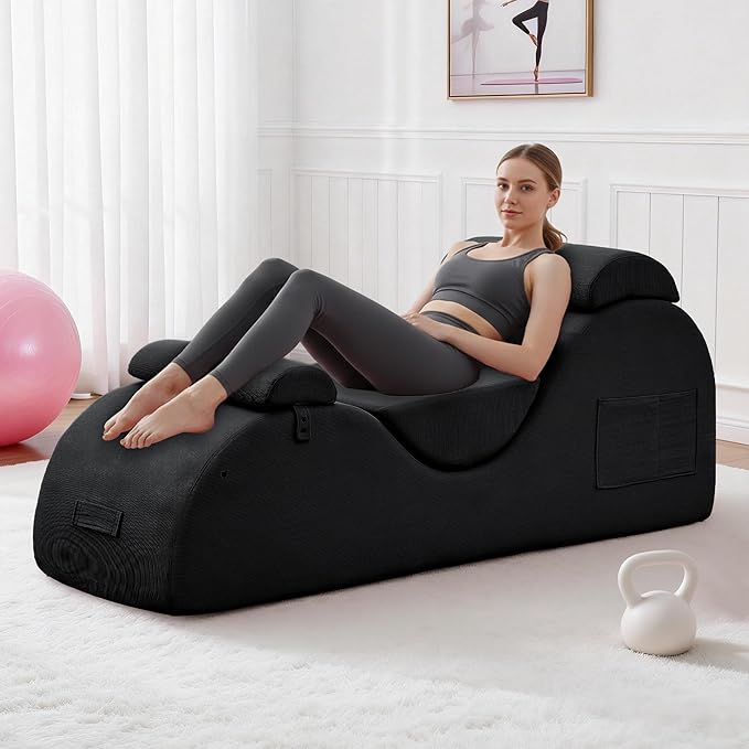 DRMBOOK Yoga Chairs for Adults, Corduroy Fabric Chaise Lounge with Headrest, Boneless Yoga Sofa Couch with Waist Cushion, Movable Footrest, Side Pockets for Relaxation Exercise Stretching (Black)