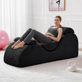 DRMBOOK Yoga Chairs for Adults, Corduroy Fabric Chaise Lounge with Headrest, Boneless Yoga Sofa Couch with Waist Cushion, Movable Footrest, Side Pockets for Relaxation Exercise Stretching (Black)